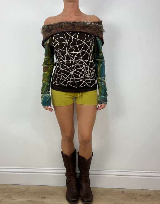 Vintage Save The Queen long sleeve top with foldover neckline in brown, 4 of 4