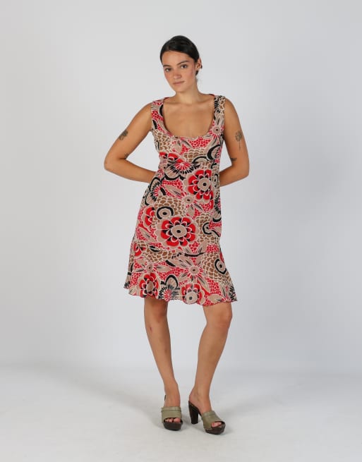 Vintage Scelte D'Autore S printed woven midi dress in tan