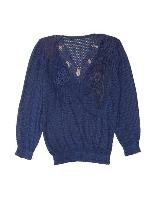 Vintage See Through V-neck Jumper Sweater UK 16 Large In Blue