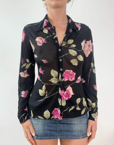 Vintage semi sheer floral shirt in black - view 1