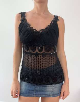 Vintage semi sheer sequin cami in black