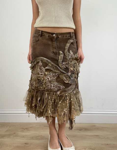 Vintage sequin ruffle midi skirt in brown - view 1