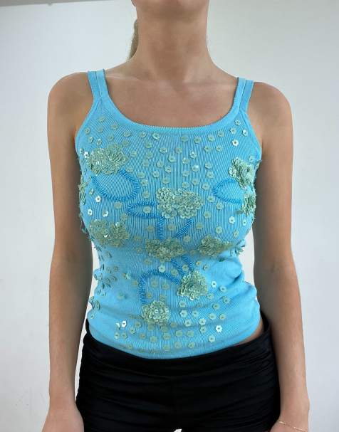 Vintage sequin tank top in blue - view 1