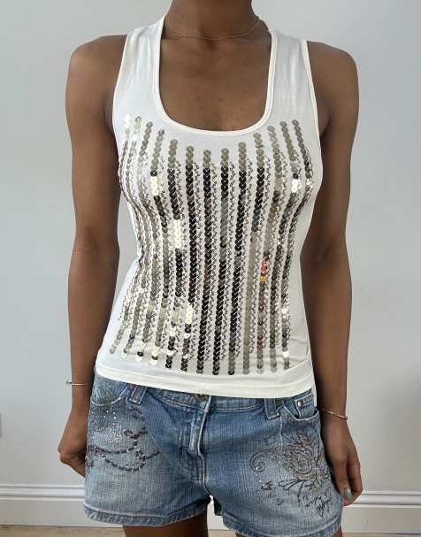 Vintage sequin tank top in white - view 1
