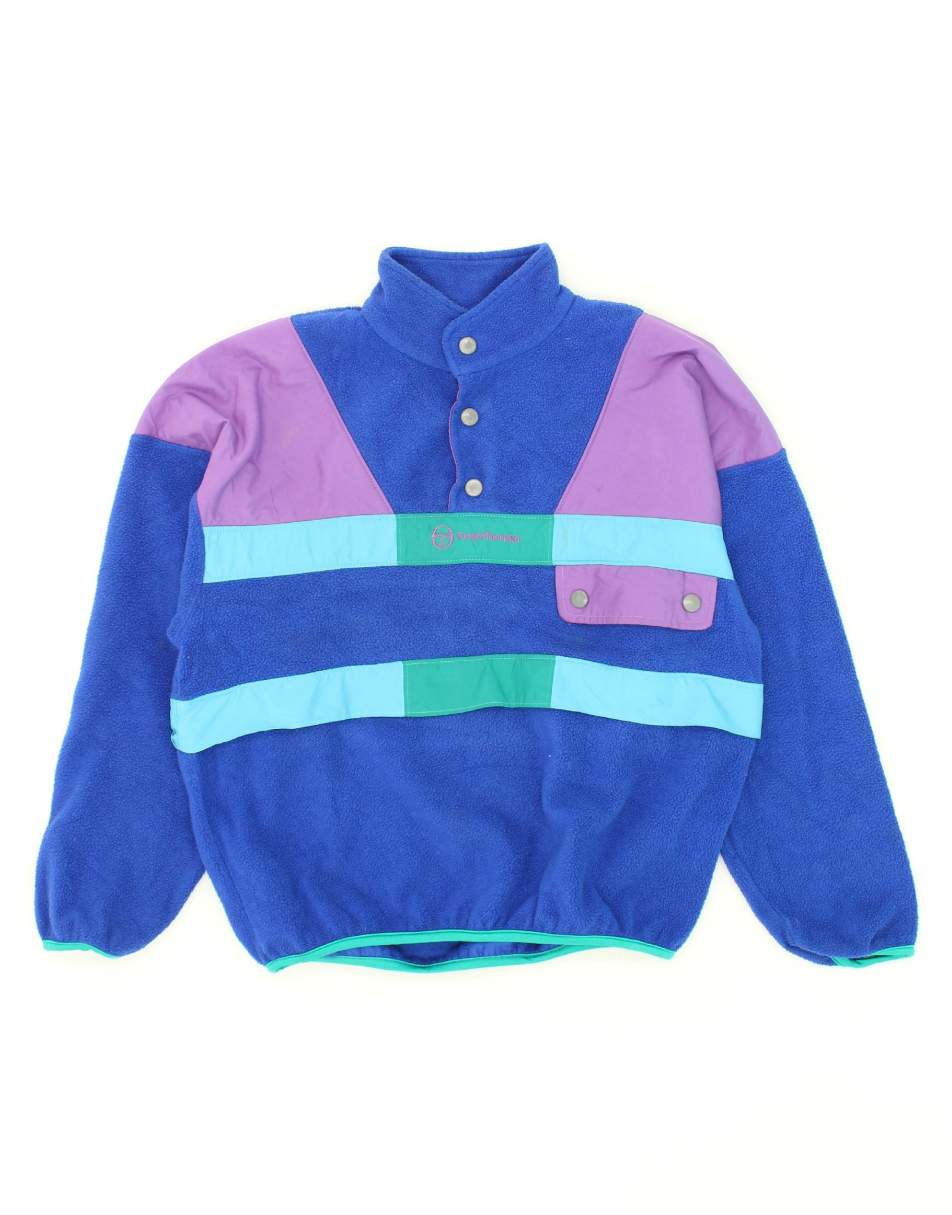 Vintage Sergio Tacchini Size S Colourblock Button Neck Fleece Jumper in Blue