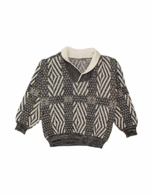 Vintage Shawl Neck Jumper Sweater Large In Grey Argyle/diamond