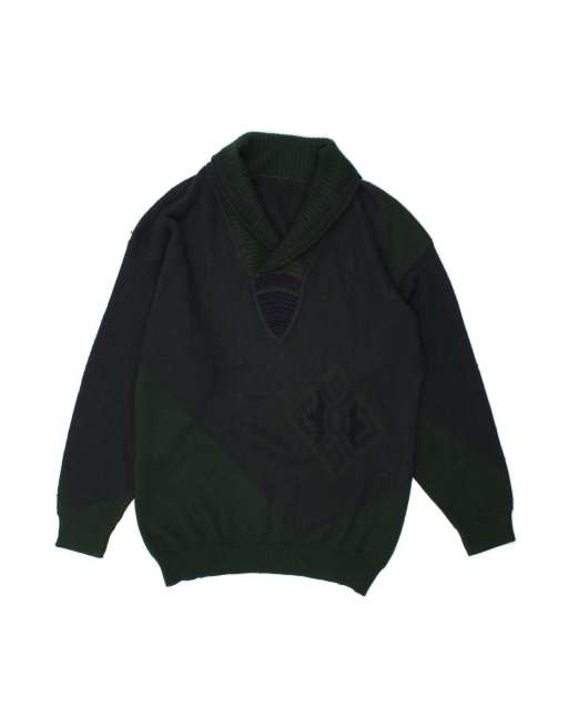 Vintage Shawl Neck Jumper Sweater Medium In Green Colourblock Wool