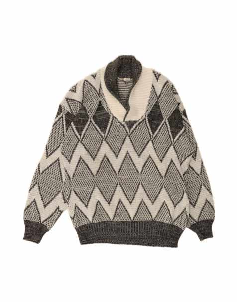Vintage Shawl Neck Jumper Sweater Medium In Grey Argyle/diamond - view 1
