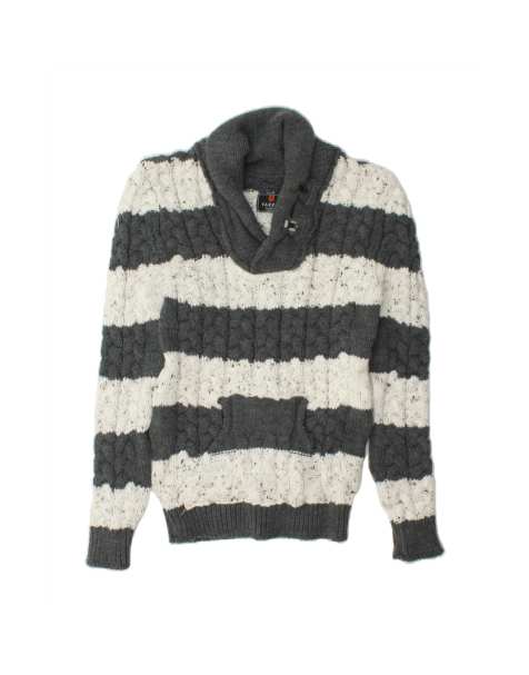 Vintage Shawl Neck Jumper Sweater UK 14 Large In Grey Striped - view 1