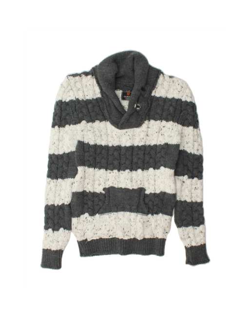 Vintage Shawl Neck Jumper Sweater UK 14 Large In Grey Striped
