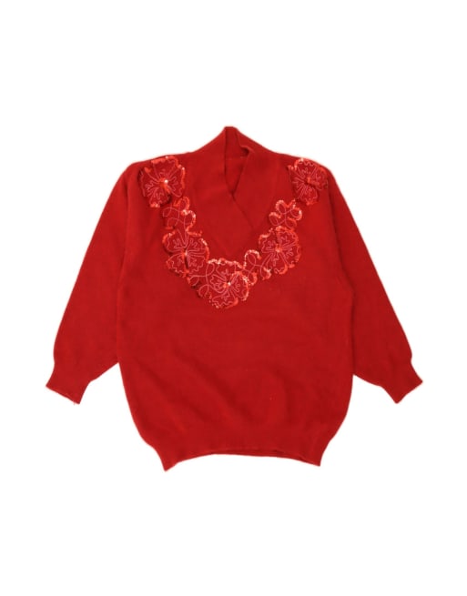 Vintage Shawl Neck Jumper Sweater UK 16 Large In Red Floral Wool