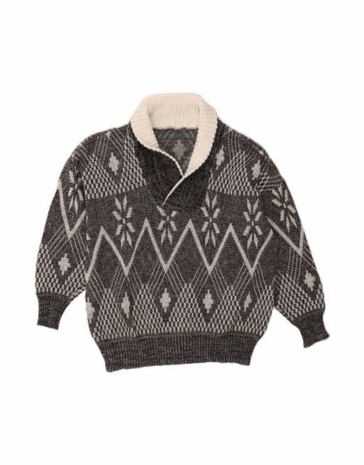 Vintage Shawl Neck Jumper Sweater XL In Grey Argyle/diamond