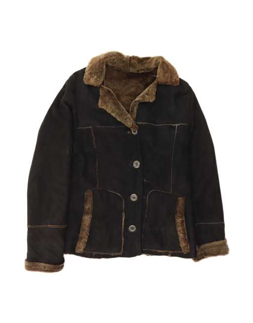 Vintage Shearling Jacket UK 14 Medium In Black Shearling