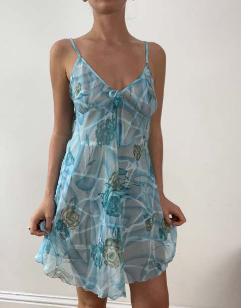 Vintage sheer floral dress in blue - view 1