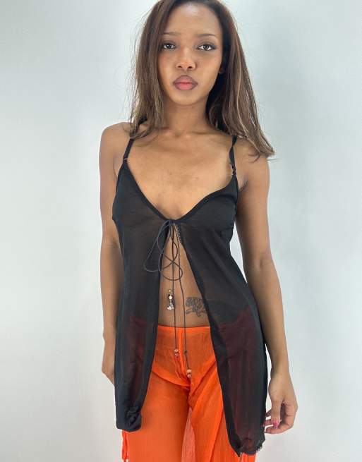 Vintage sheer tie up cami in black