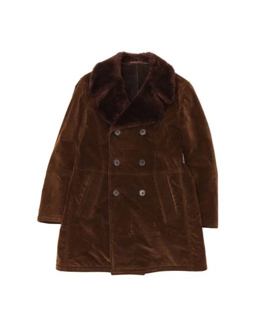 Vintage Sherpa Double Breasted Coat UK 14 Large In Brown