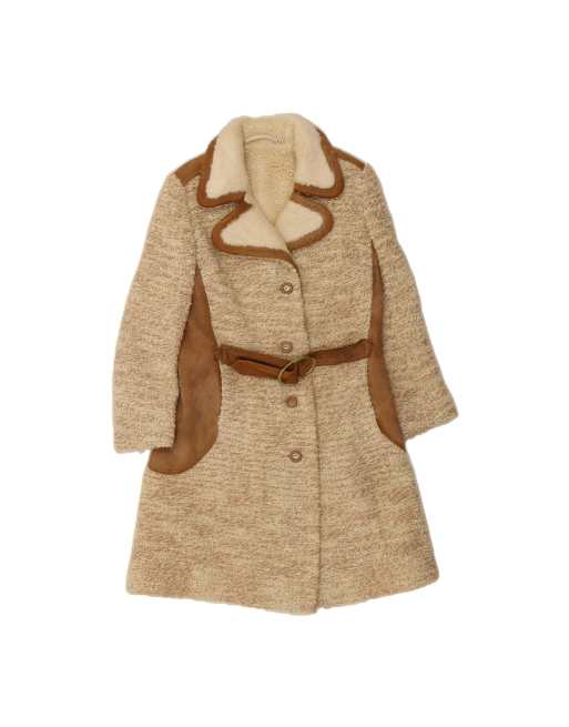 Vintage Sherpa Overcoat UK 10 Small In Beige Colourblock