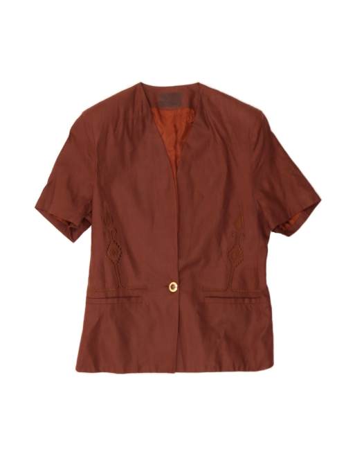 Vintage Short Sleeve 1 Button Blazer Jacket UK 16 Large In Brown Linen
