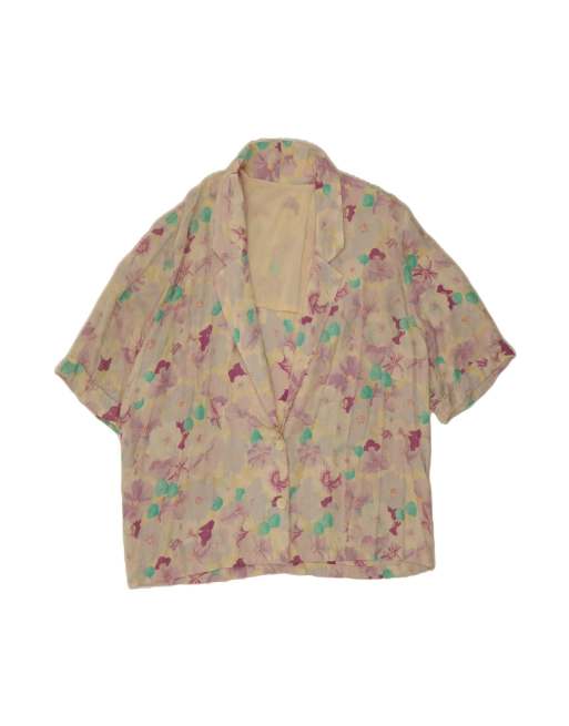 Vintage Short Sleeve 2 Button Blazer Jacket UK 18 XL In Beige Floral
