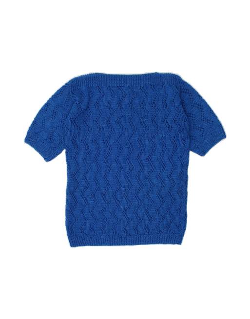 Vintage Short Sleeve Boat Neck Jumper Sweater UK 10 Small In Blue