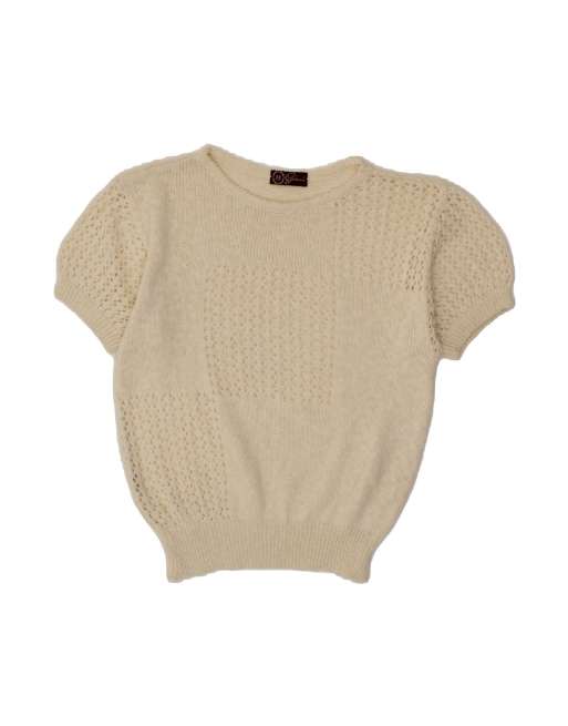 Vintage Short Sleeve Boat Neck Jumper Sweater UK 10 Small In Off In White