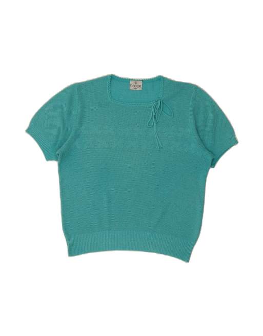 Vintage Short Sleeve Boat Neck Jumper Sweater UK 16 Large In Turquoise