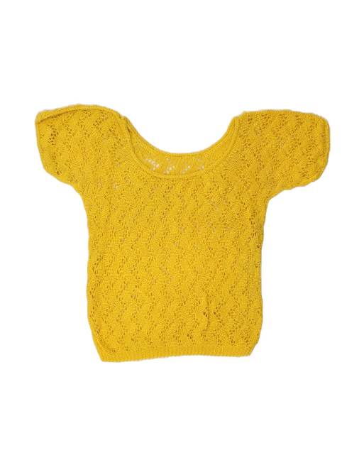Vintage Short Sleeve Boat Neck Jumper Sweater UK 16 Large In Yellow