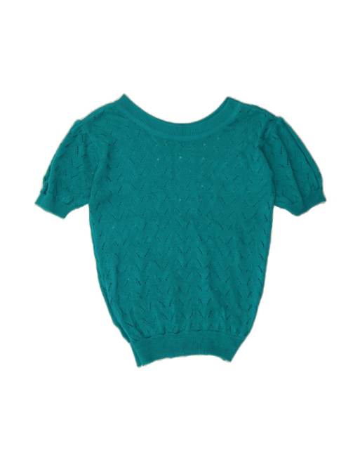 Vintage Short Sleeve Boat Neck Jumper UK 14 Medium In Blue