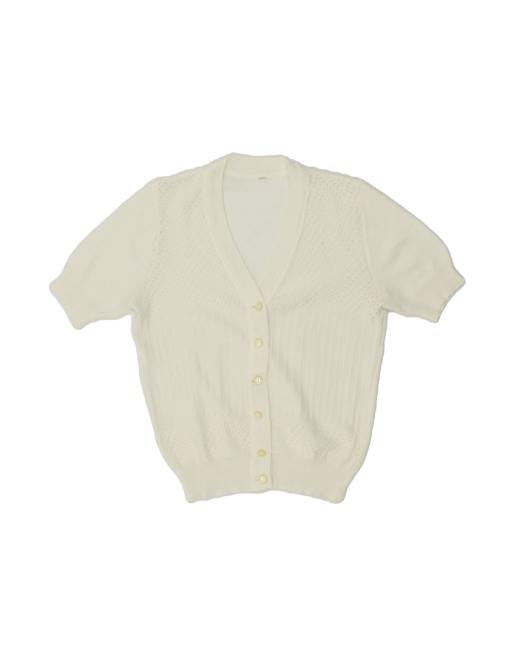 Vintage Short Sleeve Cardigan Sweater UK 10 Small In Off In White