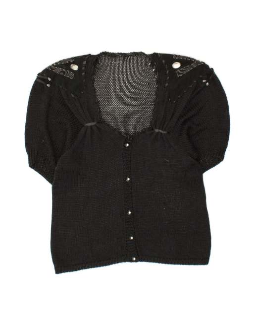 Vintage Short Sleeve Cardigan Sweater UK 12 Medium In Black