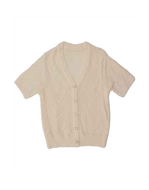 Vintage Short Sleeve Cardigan Sweater UK 14 Medium In White