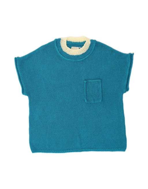 Vintage Short Sleeve Crew Neck Jumper Sweater UK 16 Large In Blue