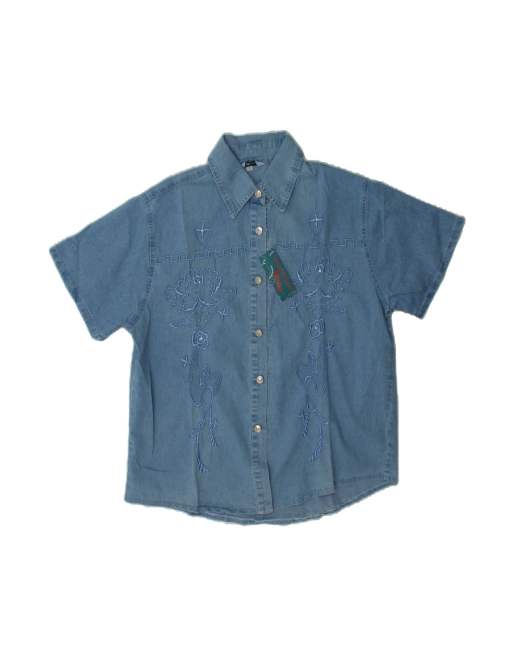 Vintage Short Sleeve Denim Shirt UK 16 Large In Blue