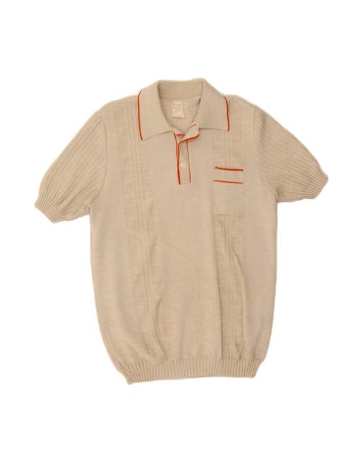 Vintage Short Sleeve Polo Neck Jumper Sweater Small In Beige