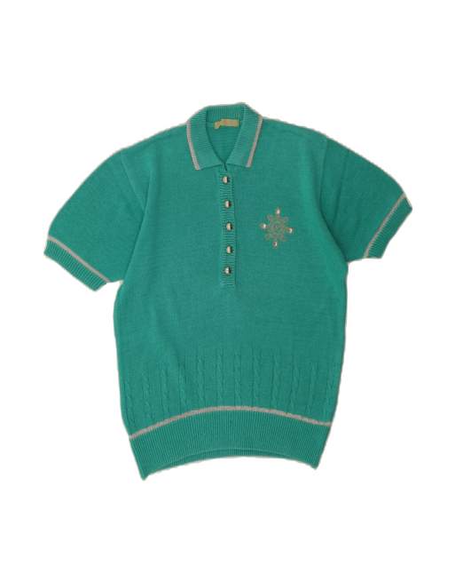 Vintage Short Sleeve Polo Neck Jumper Sweater UK 14 Medium In Green