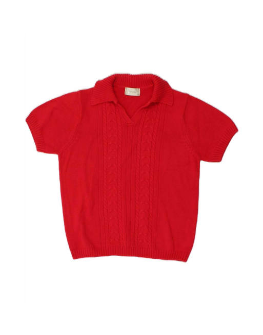Vintage Short Sleeve Polo Neck Jumper Sweater UK 14 Medium In Red