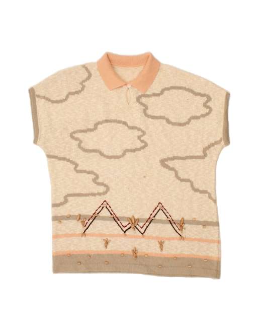 Vintage Short Sleeve Polo Neck Jumper Sweater UK 16 Large In Beige