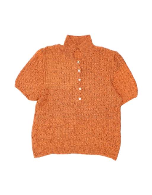 Vintage Short Sleeve Polo Neck Jumper Sweater UK 18 XL In Orange
