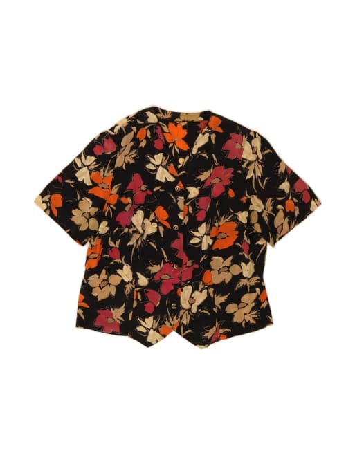 Vintage Short Sleeve Shirt Blouse UK 16 Large In Black Floral