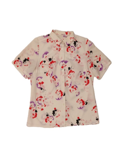 Vintage Short Sleeve Shirt Blouse UK 16 Large In White Floral