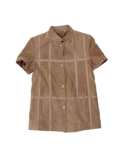Vintage Short Sleeve Suede Jacket UK 12 Medium In Brown Check Leather