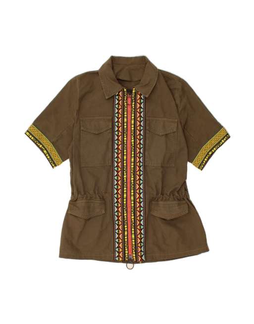 Vintage Short Sleeve Utility Jacket EU 40 Medium In Khaki Fair Isle