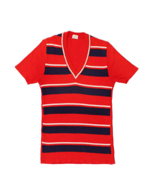 Vintage Short Sleeve V-neck Jumper Sweater It 42 Medium In Red Striped