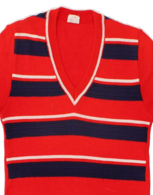Vintage Short Sleeve V-neck Jumper Sweater It 42 Medium In Red Striped, 3 of 4