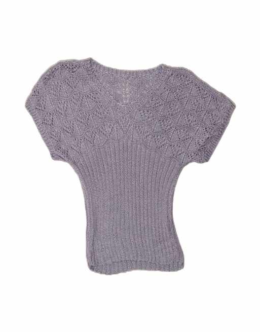 Vintage Short Sleeve V-neck Jumper Sweater UK 12 Medium In Purple