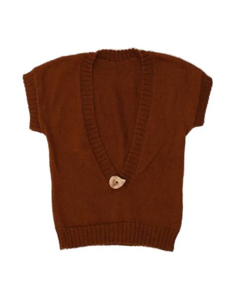 Vintage Short Sleeve V-neck Jumper Sweater UK 14 Large In Brown - view 1