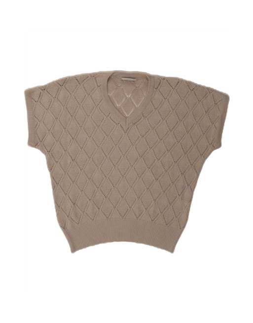 Vintage Short Sleeve V-neck Jumper Sweater UK 14 Large In Grey