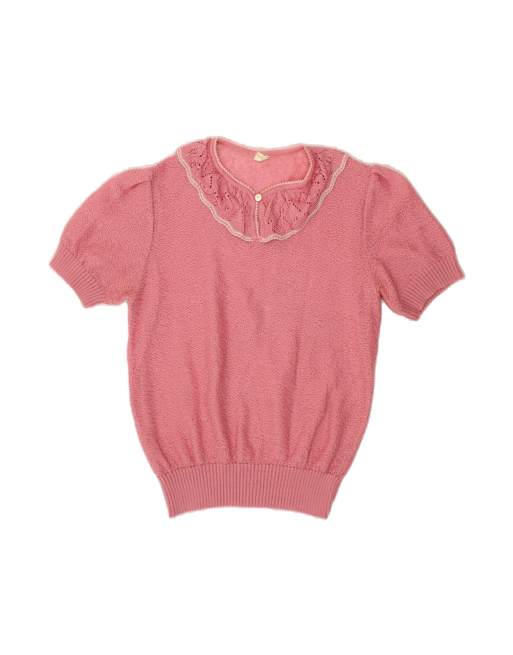 Vintage Short Sleeve V-neck Jumper Sweater UK 14 Medium In Pink