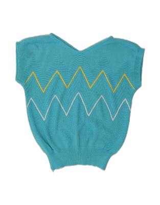 Vintage Short Sleeve V-neck Jumper Sweater UK 16 Large In Blue Chevron - view 1