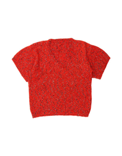 Vintage Short Sleeve V-neck Jumper Sweater UK 16 Large In Red Flecked